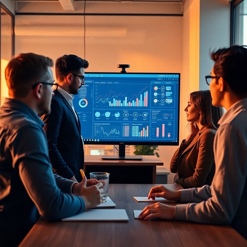 Small team of four professionals reviewing a data dashboard in a Brașov office
