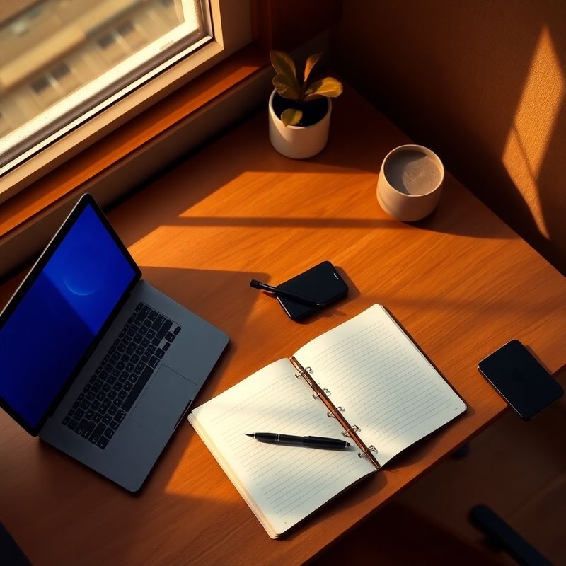 Tidy desk with an open notebook, pen, and a laptop screen glowing indigo