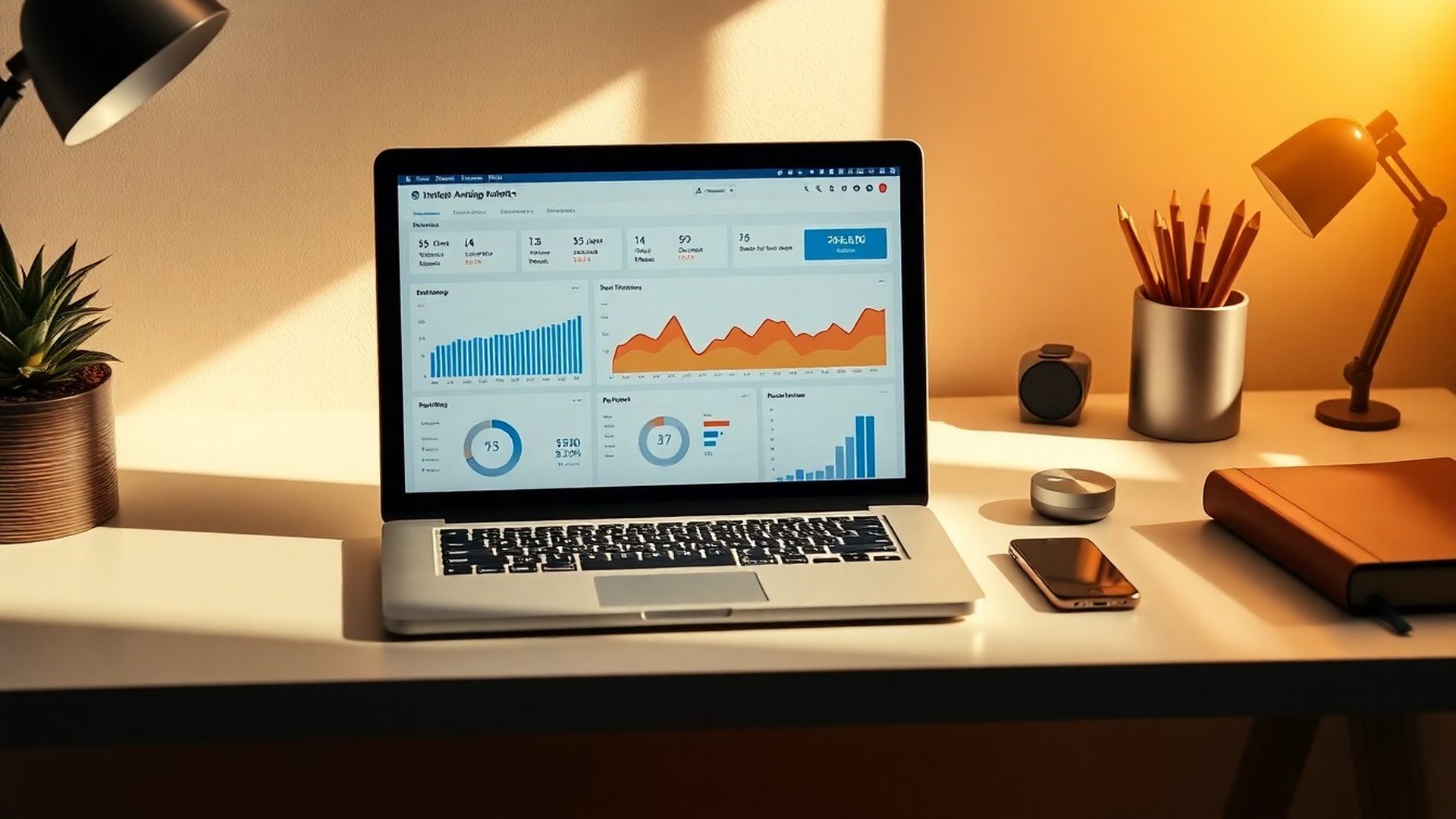 Analytics dashboard showing search ranking charts on a laptop screen